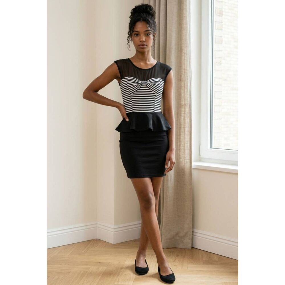 🔺️Pink Crush Black & White Striped Peplum Sleeveless Dress Youth XSmall